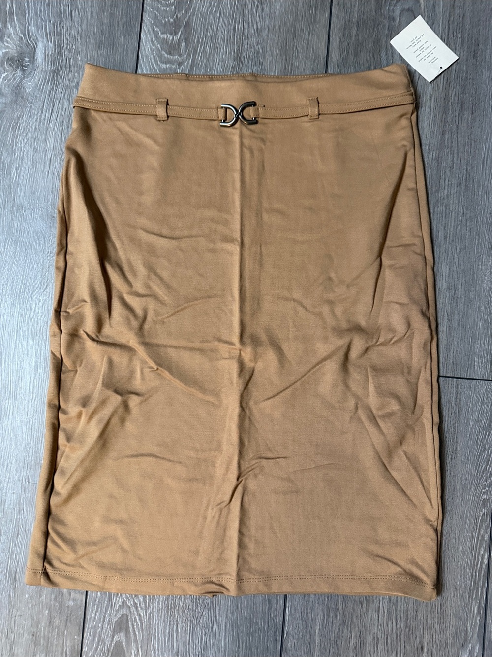 Retrology Camel Brown Pencil Skirt with Logo Buckle